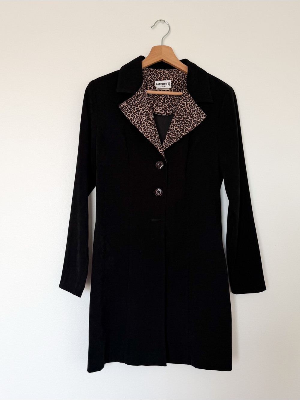 Vintage Black Cheetah Print Collar Black Faux Suede Trench Coat Jacket